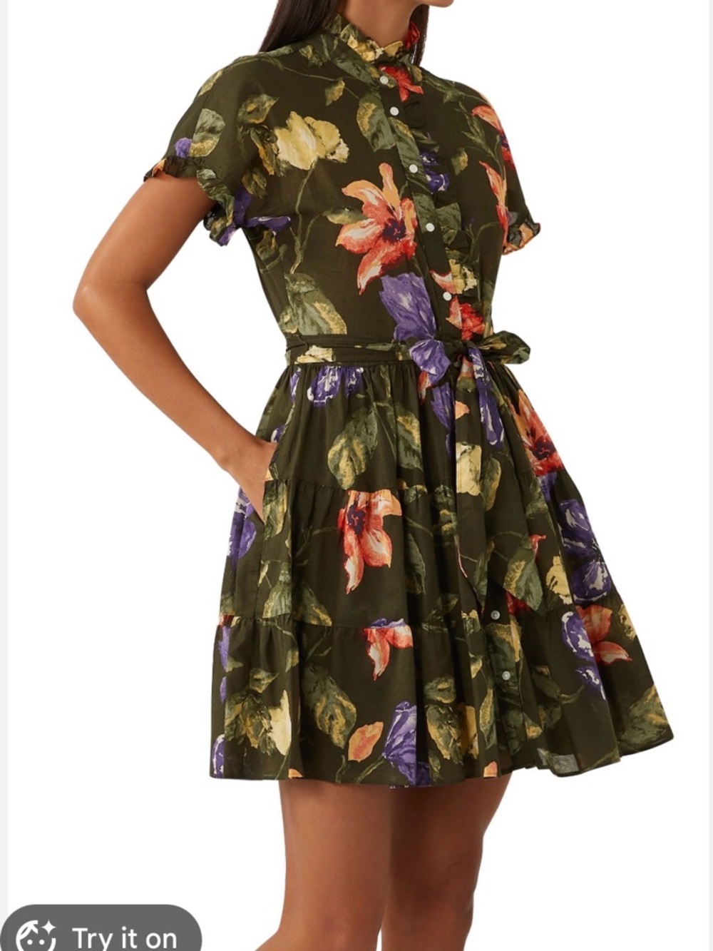 Ralph Lauren Olive Floral Button-Front Short Sleeve Dress
